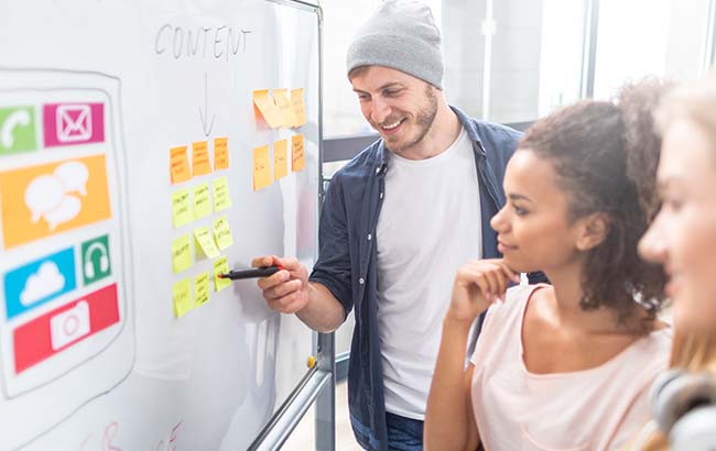 Team planning on whiteboard for ecommerce web design