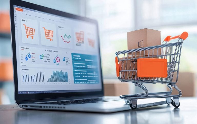 laptop analytics and tiny shopping cart for ecommerce keyword trends
