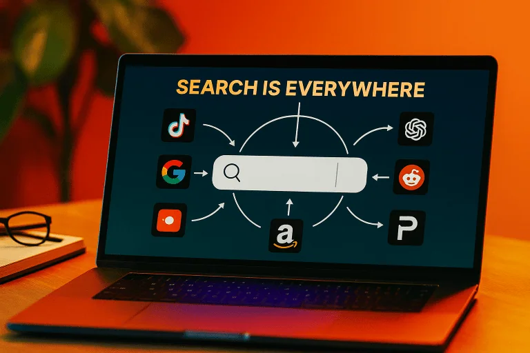 Laptop showing “Search Is Everywhere” with a search bar representing Search Experience Optimisation (SEO)